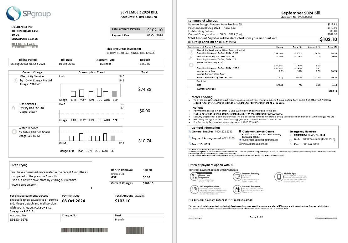 Singapore SP Group business utility bill template in Word and PDF formats (2 pages)